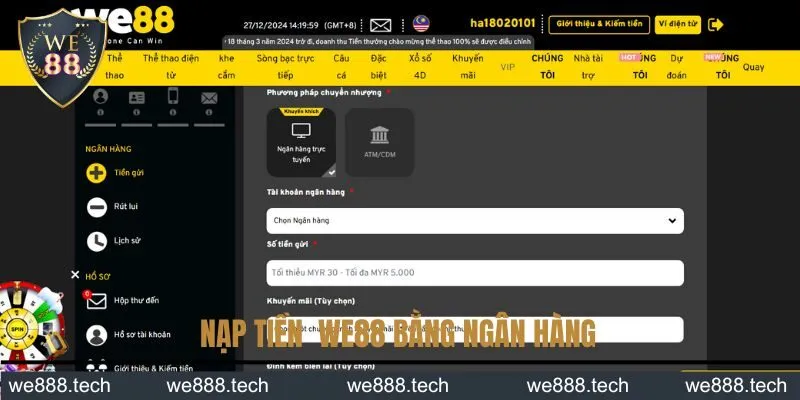 Nạp tiền vào tài khoản We88 bằng ngân hàng